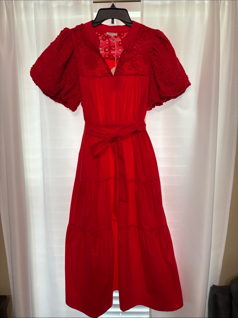 JODIFL Red Eyelet Puff-Sleeve Tiered Midi Dress with Waist Tie